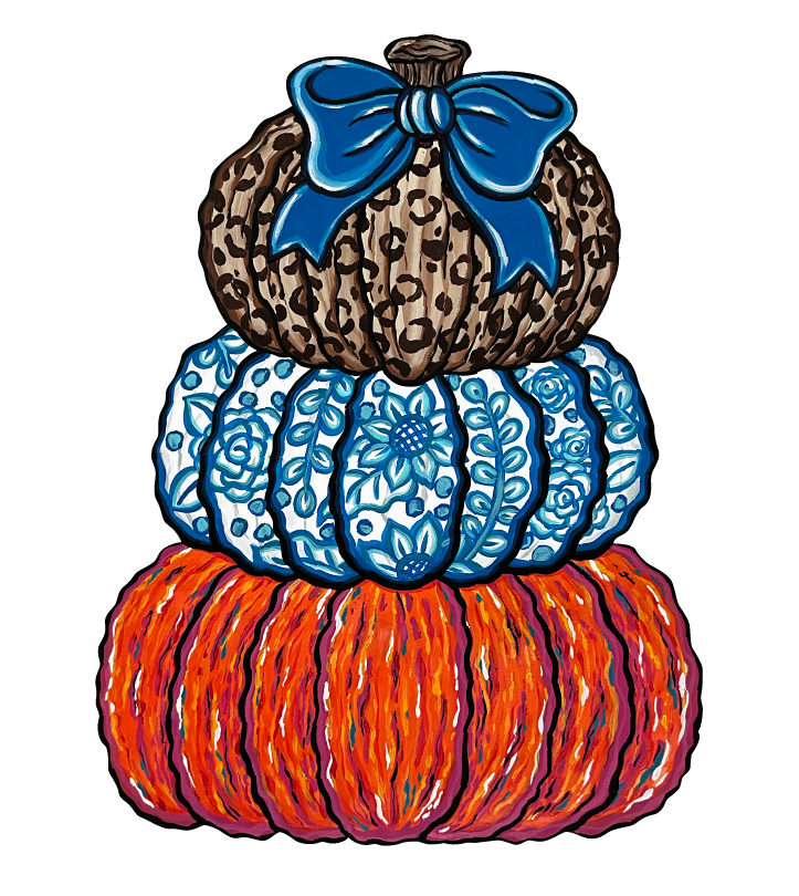 SASSY PAINTBRUSH STACKED PUMPKINS WITH BLUE BOW