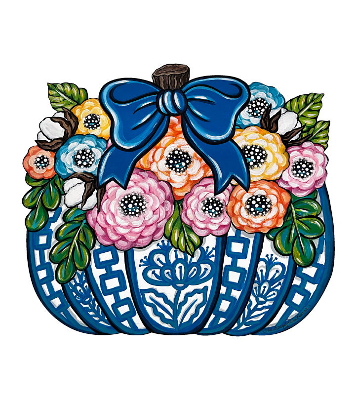 SASSY PAINTBRUSH GINGER JAR DESIGN PUMPKIN WITH FLOWERS AND BLUE BOW