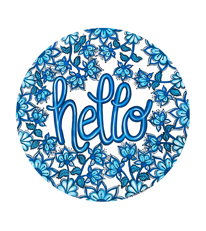SASSY PAINTBRUSH BLUE HELLO WITH FLOWER ON CIRCLE