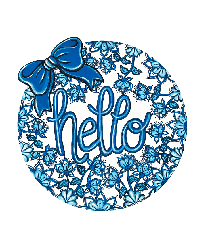 SASSY PAINTBRUSH BLUE HELLO AND RIBBON WITH FLOWER ON CIRCLE