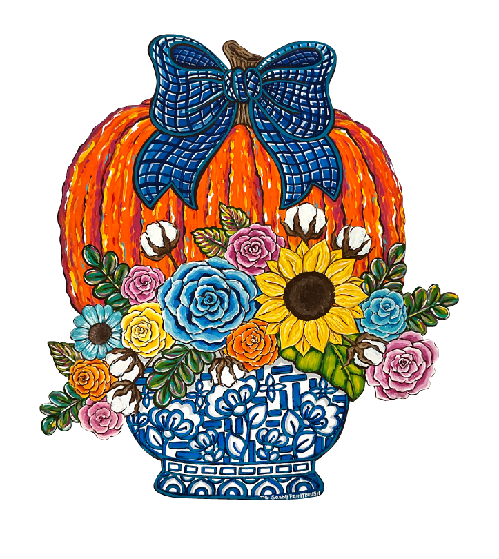 SASSY PAINTBRUSH GINGER JAR WITH PUMPKIN, FLOWERS AND BLUE PLAID BOW