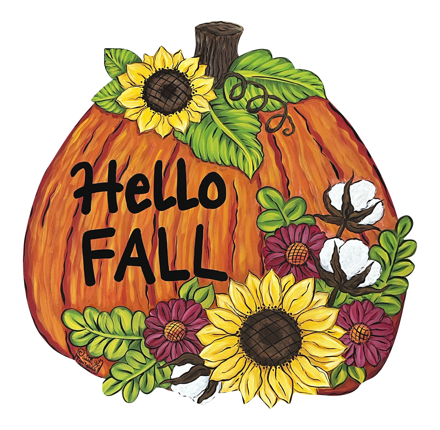 SASSY PAINTBRUSH HELLO FALL PUMPKIN WITH FLOWERS