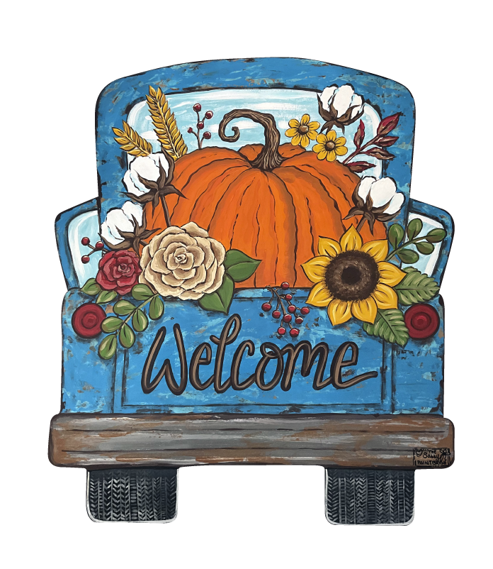 SASSY PAINTBRUSH WELCOME TRUCK WITH PUMPKIN AND FLOWERS