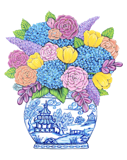SASSY PAINTBRUSH MULTI COLOR FLOWERS WITH GINGER JAR VASE