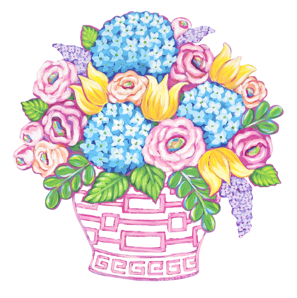 SASSY PAINTBRUSH COLORFUL FLORAL WITH PINK AND WHITE VASE