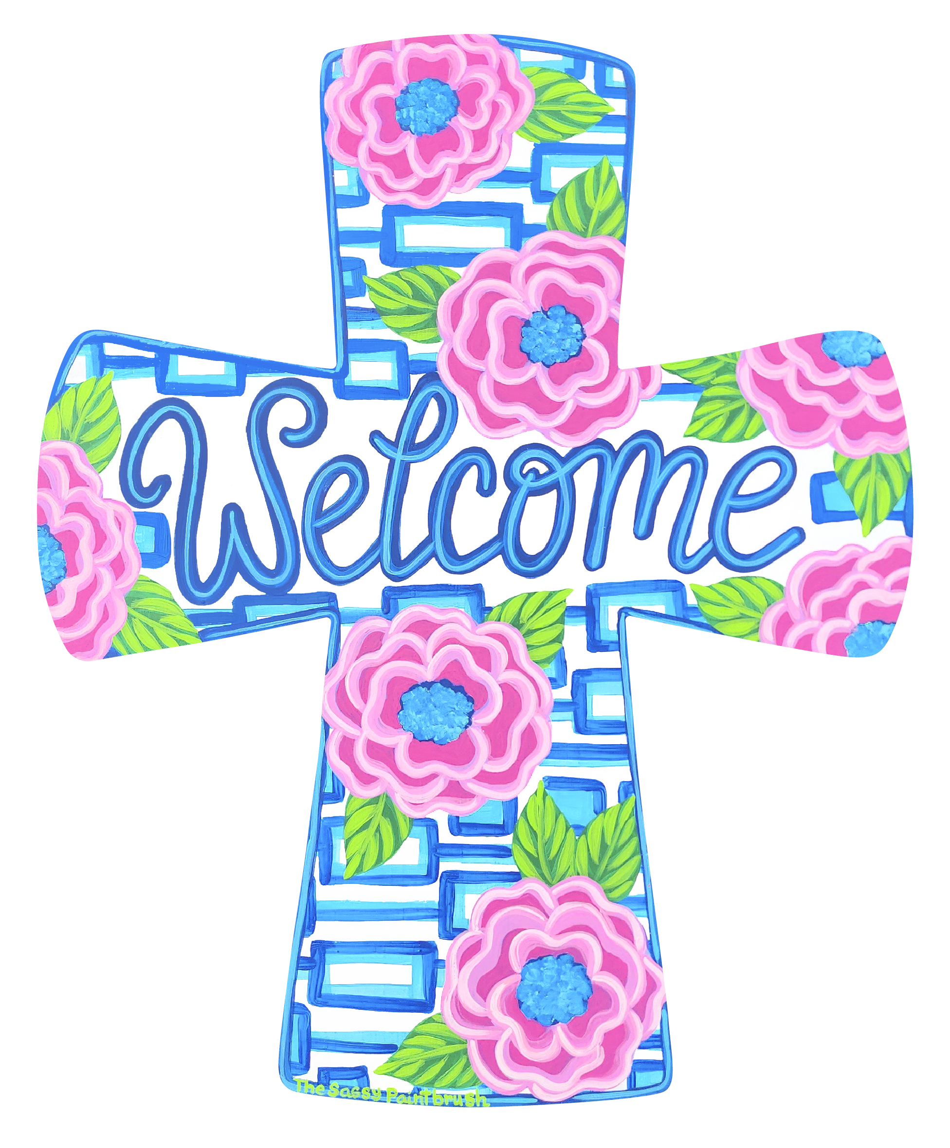 SASSY PAINTBRUSH PINK AND BLUE WELCOME CROSS