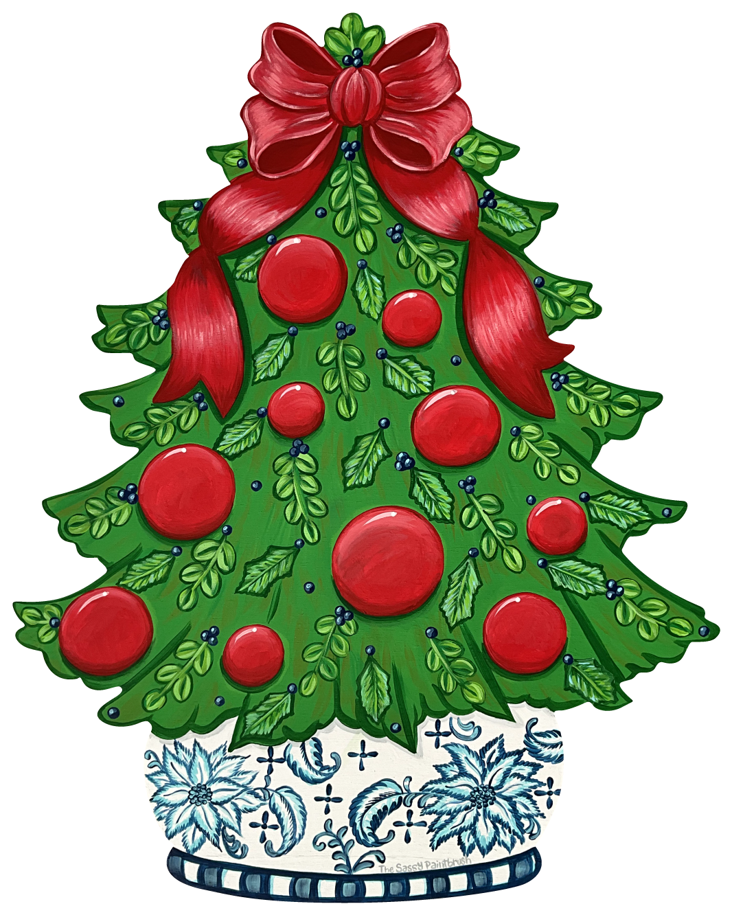 SASSY PAINTBRUSH CHRISTMAS TREE WITH RED BULBS