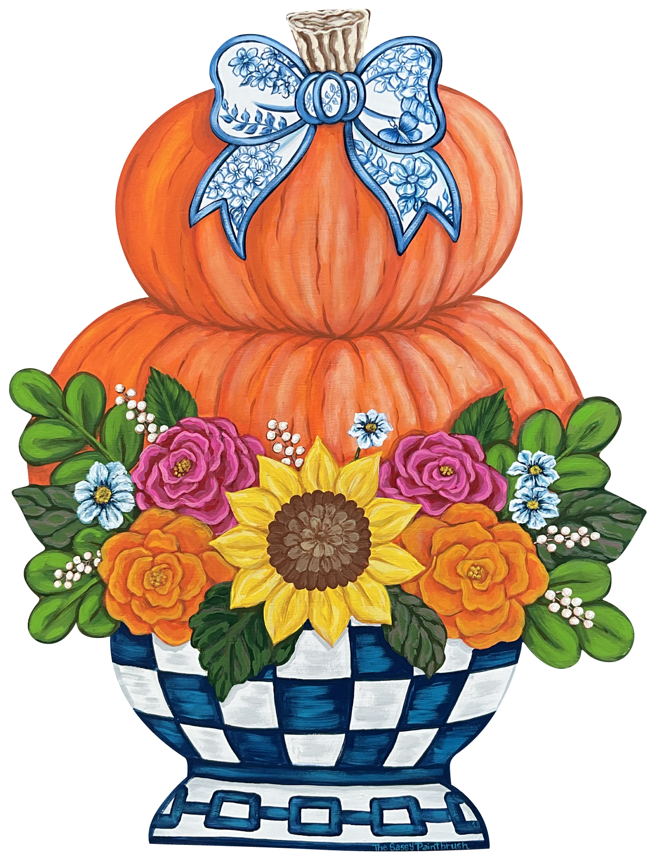 SASSY PAINTBRUSH STACKED PUMPKINS WITH FLOWERS