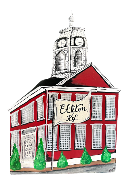 ANGELA GIBBS RED SCHOOL WITH CLOCK IN TOWER ELKTON KY