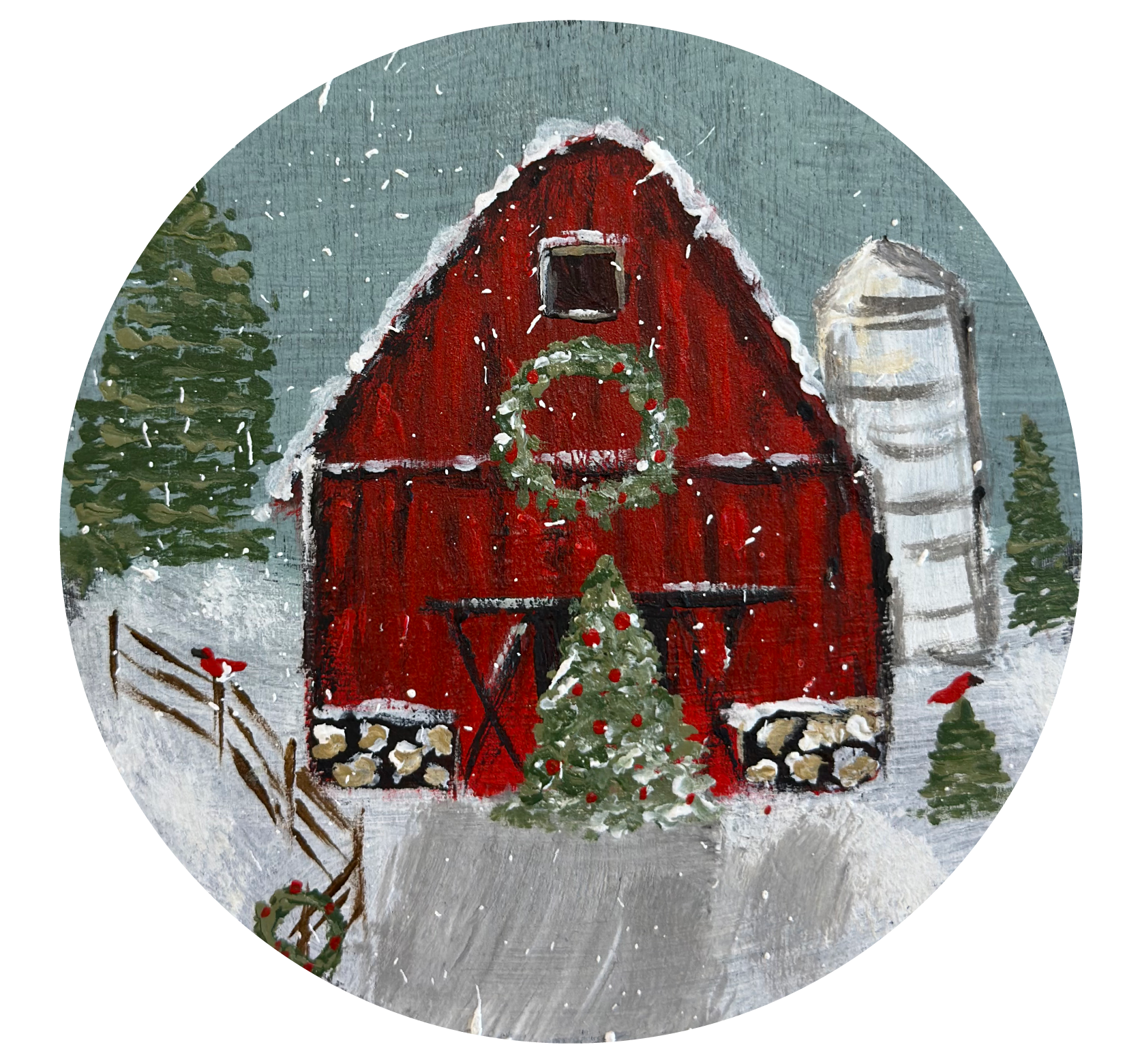 SPRINKLED WITH HEARTS CIRCLE WITH WINTER BARN