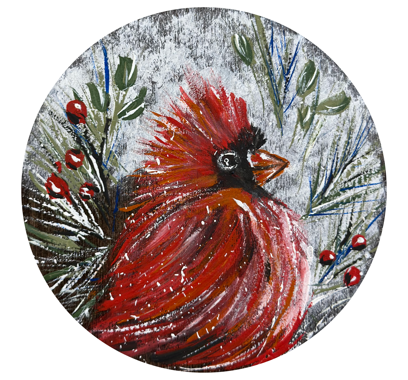 SPRINKLED WITH HEARTS CIRCLE REDBIRD WINTER SCENE