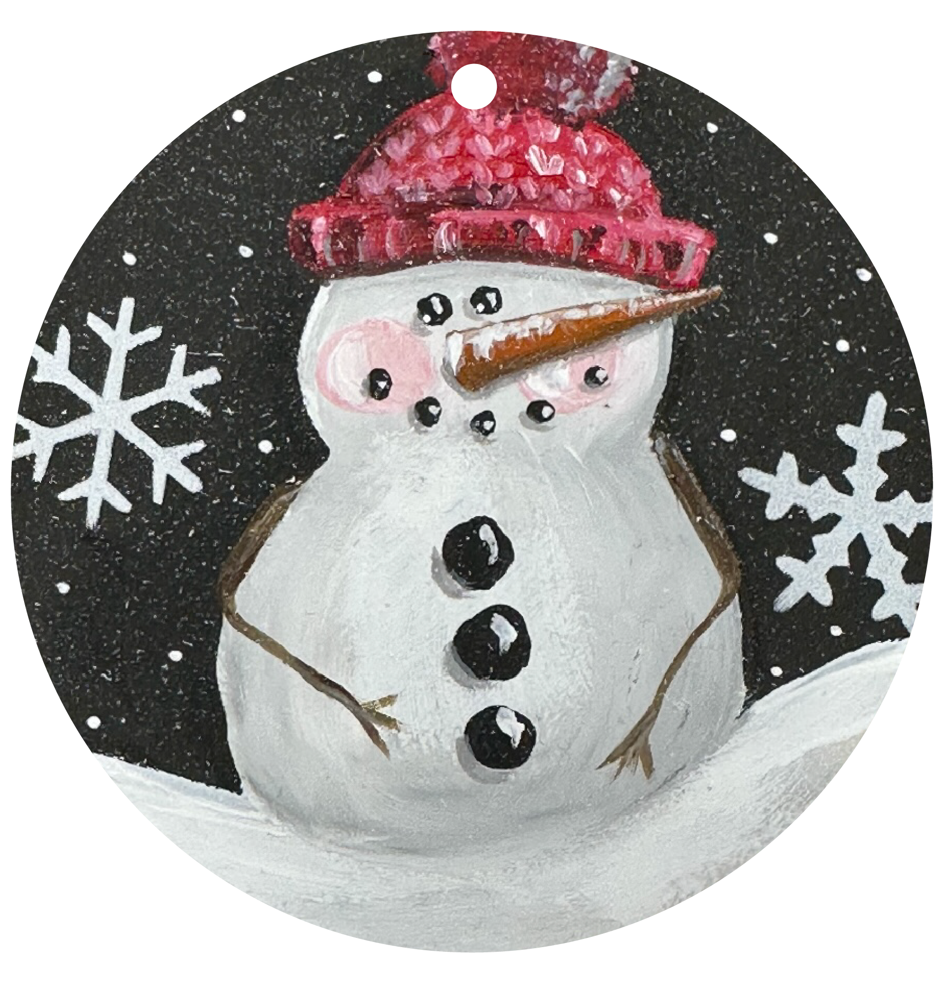 SPRINKLED WITH HEARTS CIRCLE SNOWMAN WITH RED HAT AND 3 COAL BUTTONS