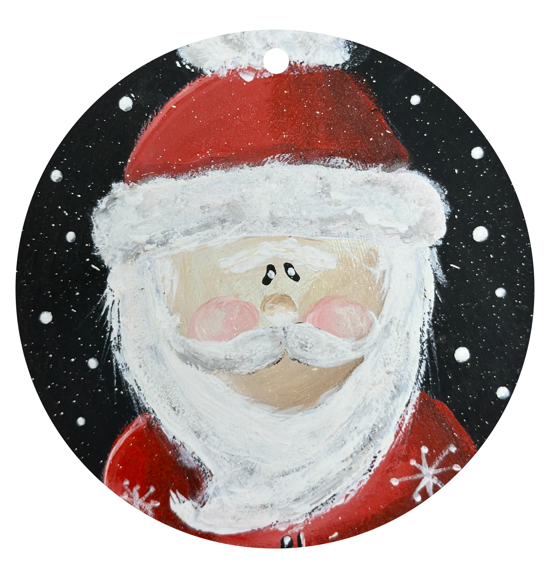 SPRINKLED WITH HEARTS CIRCLE SANTA FACE WITH SOLID RED HAT