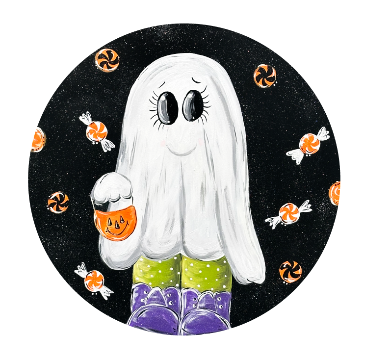 SPRINKLED WITH HEARTS TRICK OR TREATING GHOST WITH PURPLE SHOES