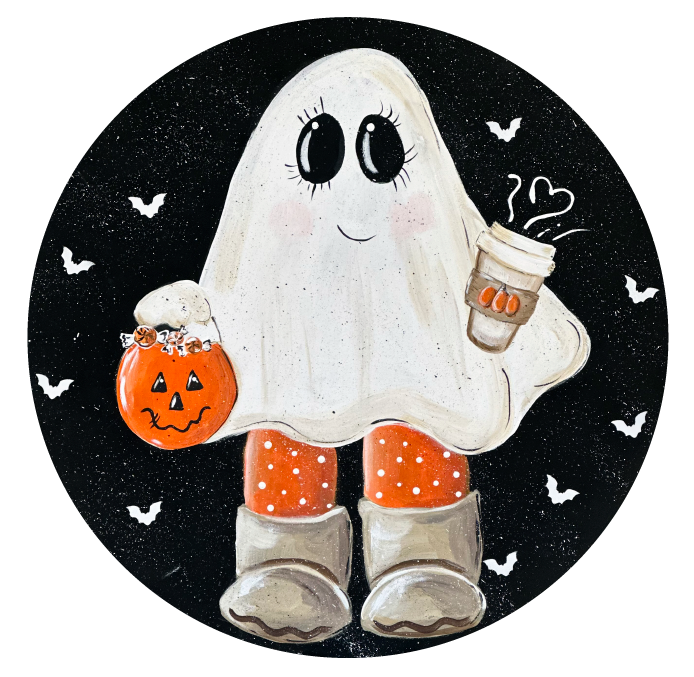 SPRINKLED WITH HEARTS TRICK OR TREATING GHOST WITH COFFEE