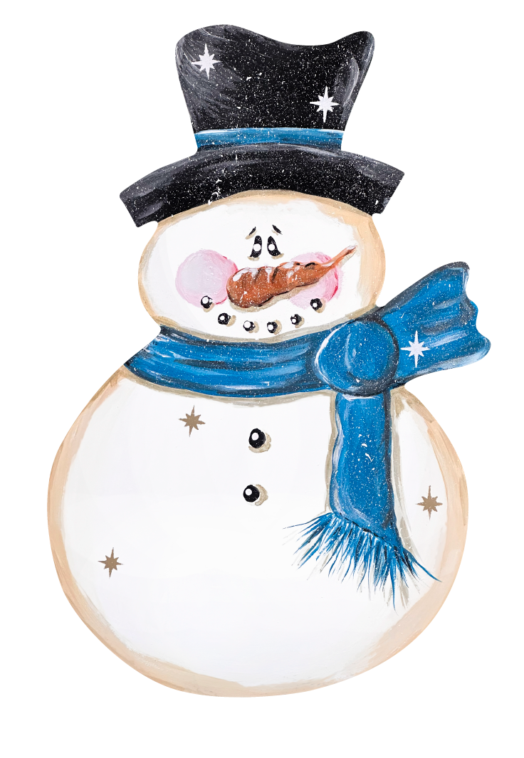 SPRINKLED WITH HEARTS SNOWMAN WITH BLUE SCARF AND BLACK HAT