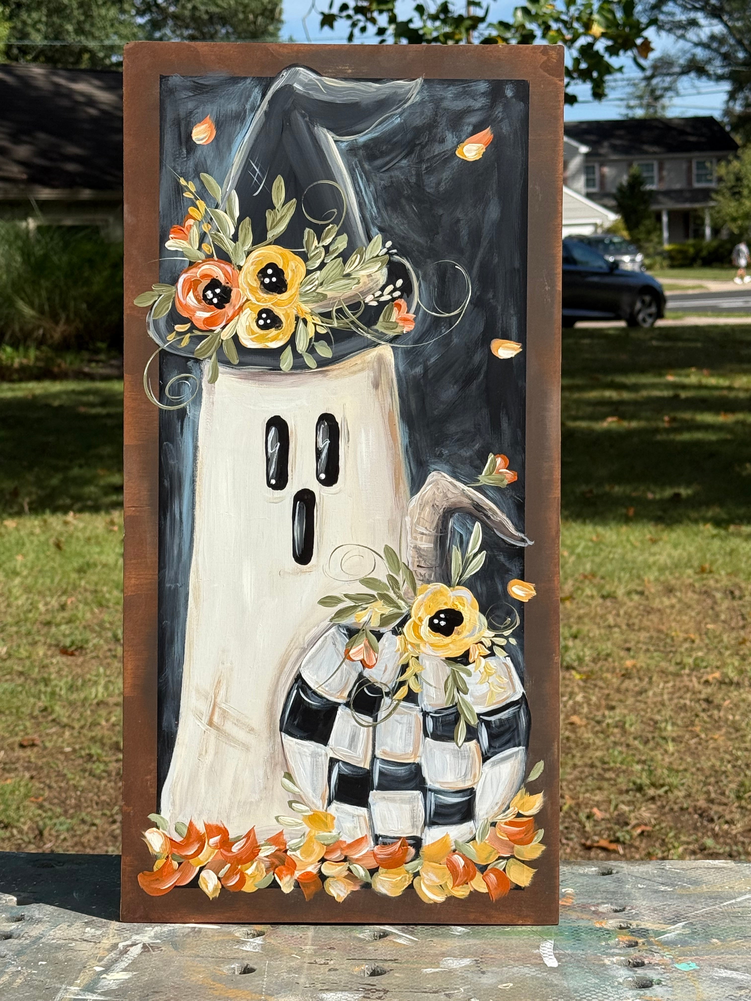 SPRINKLED WITH HEARTS GHOST WITH HAT AND CHECKERED PUMPKIN