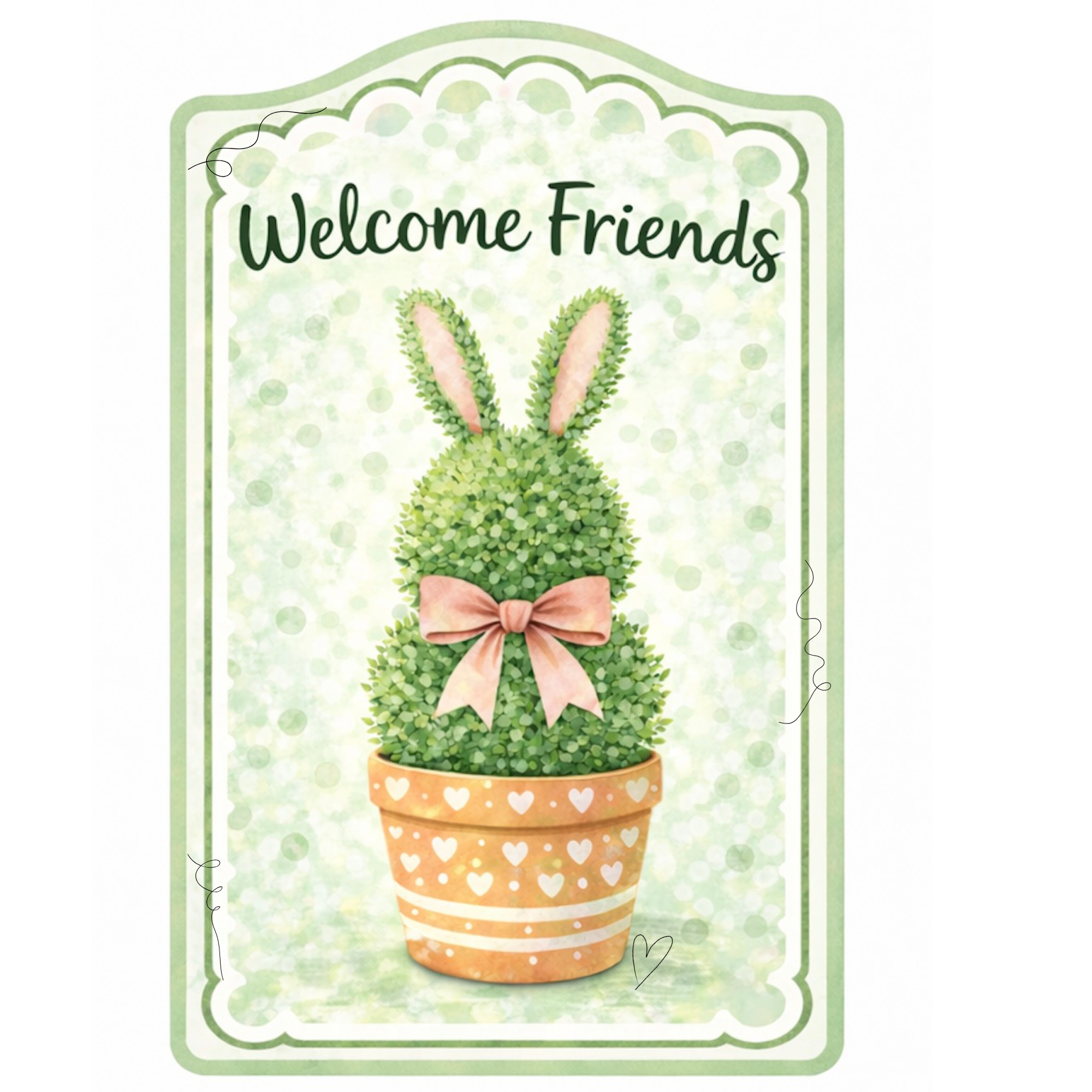 SPRINKLED WITH HEARTS WELCOME FRIENDS GREEN BUNNY