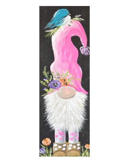 SPRINKLED WITH HEARTS GNOME WITH PINK HAT AND BLUE BIRD