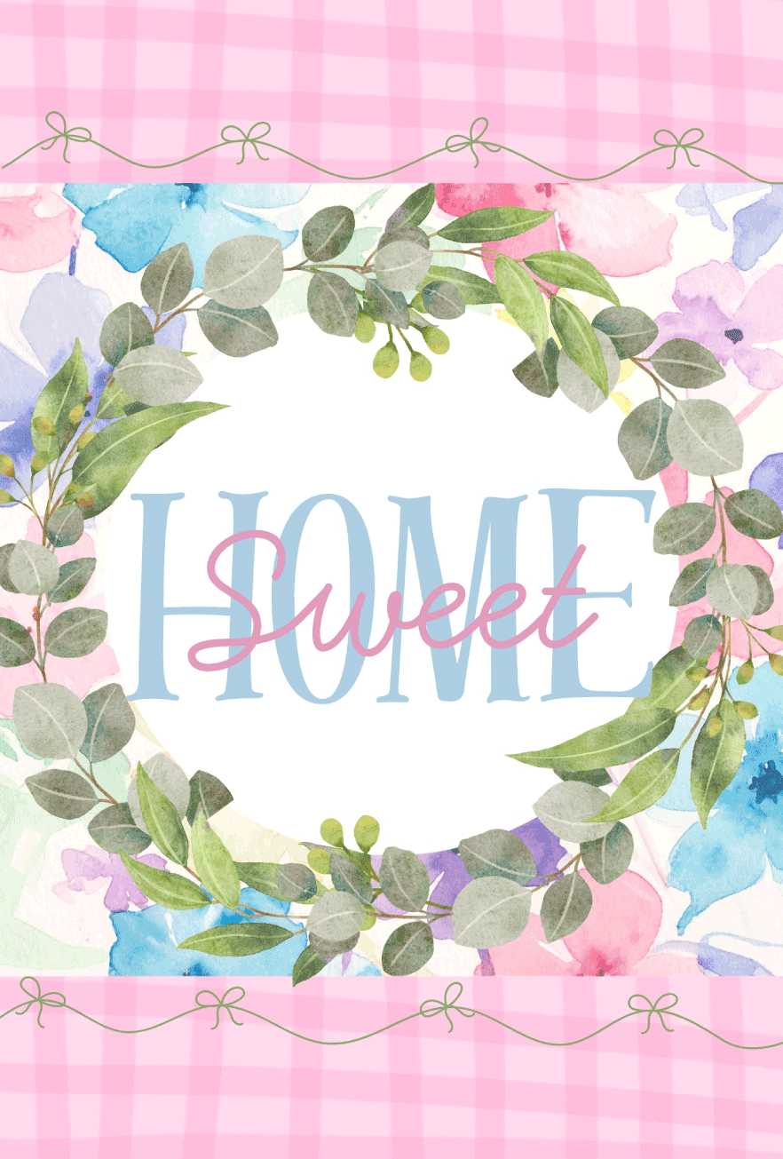 SPRINKLED WITH HEARTS PINK PLAID GREEN WREATH SWEET HOME