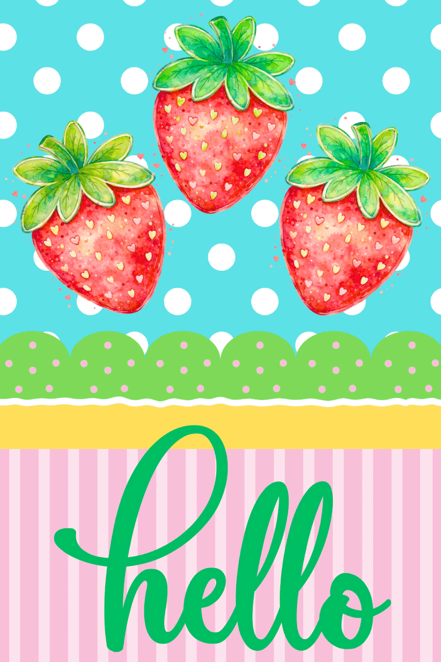 SPRINKLED WITH HEARTS PINK WHITE STRIPS STRAWBERRYS AND GREEN HELLO