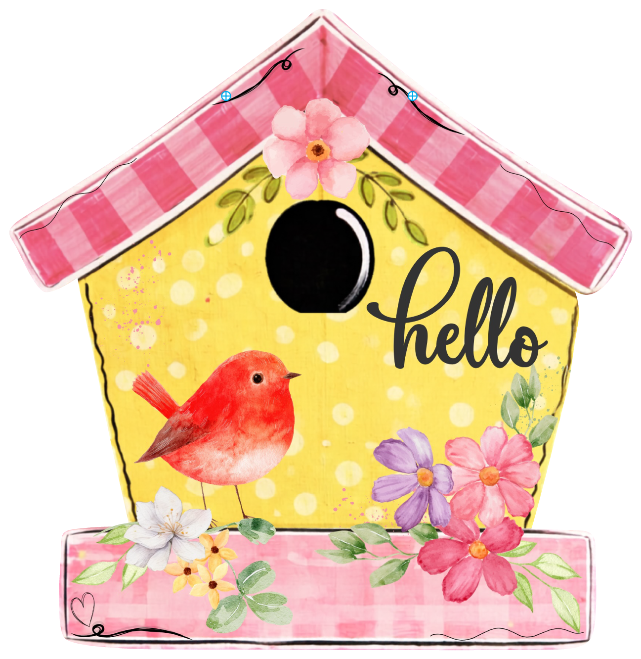 SPRINKLED WITH HEARTS YELLOW PINK BIRD HOUSE WITH RED BIRD