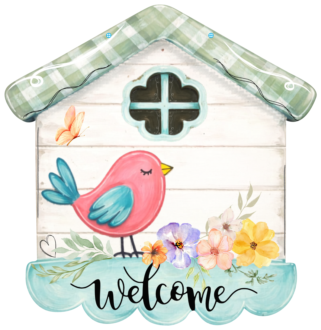 SPRINKLED WITH HEARTS GREEN WHITE AND BLUE BIRD HOUSE WITH PINK AND BLUE BIRD