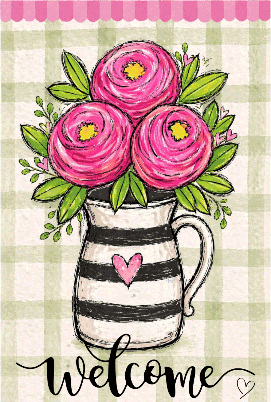 SPRINKLED WITH HEARTS WELCOME FLAG BLACK AND WHITE JUG WITH PINK FLOWERS