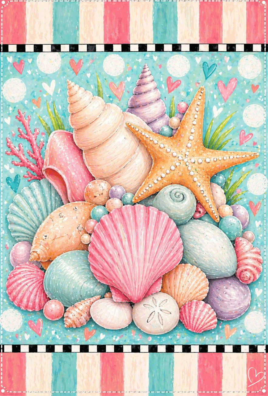SPRINKLED WITH HEARTS SEA SHELLS PINK TEAL AND WHITE