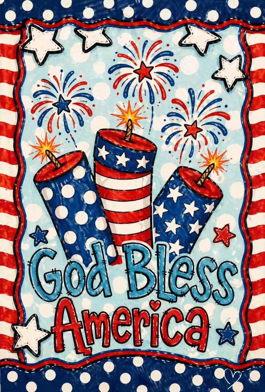 SPRINKLED WITH HEARTS GOD BLESS AMERICA WITH 3 FIREWORKS