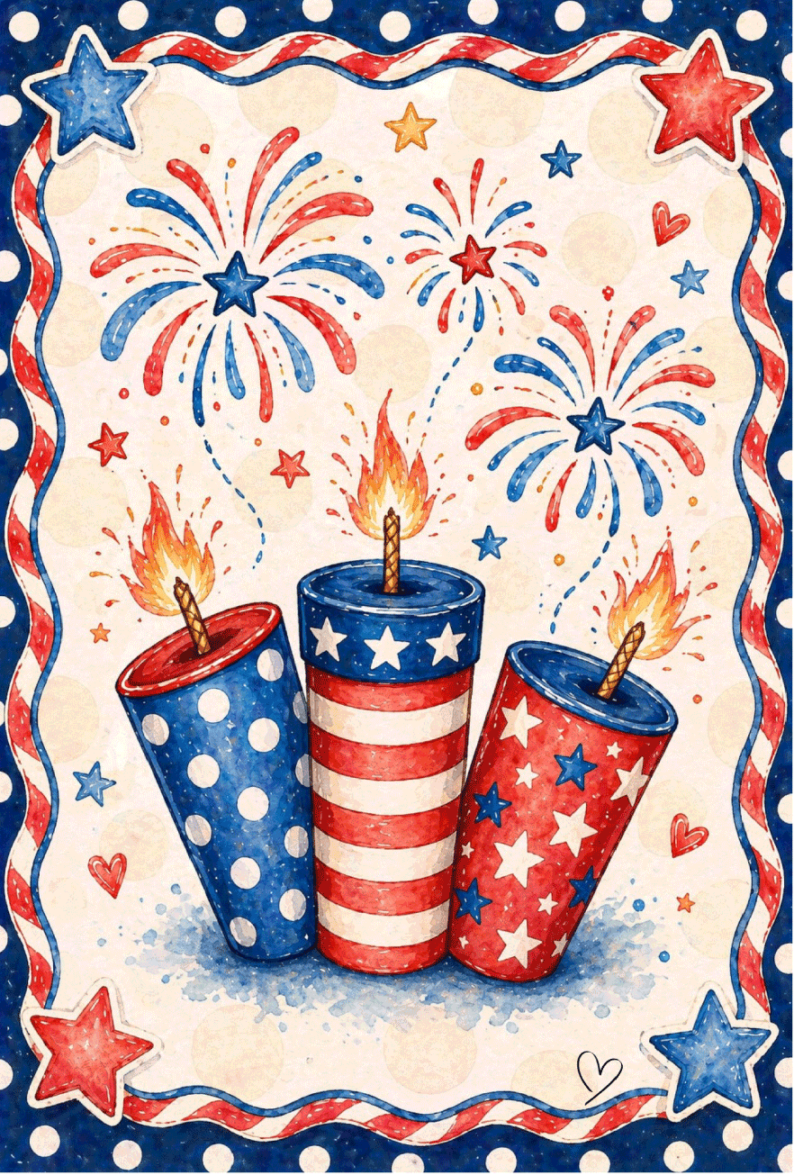 SPRINKLED WITH HEARTS 3 SINGLE FIREWORKS RED WHITE BLUE COLORS