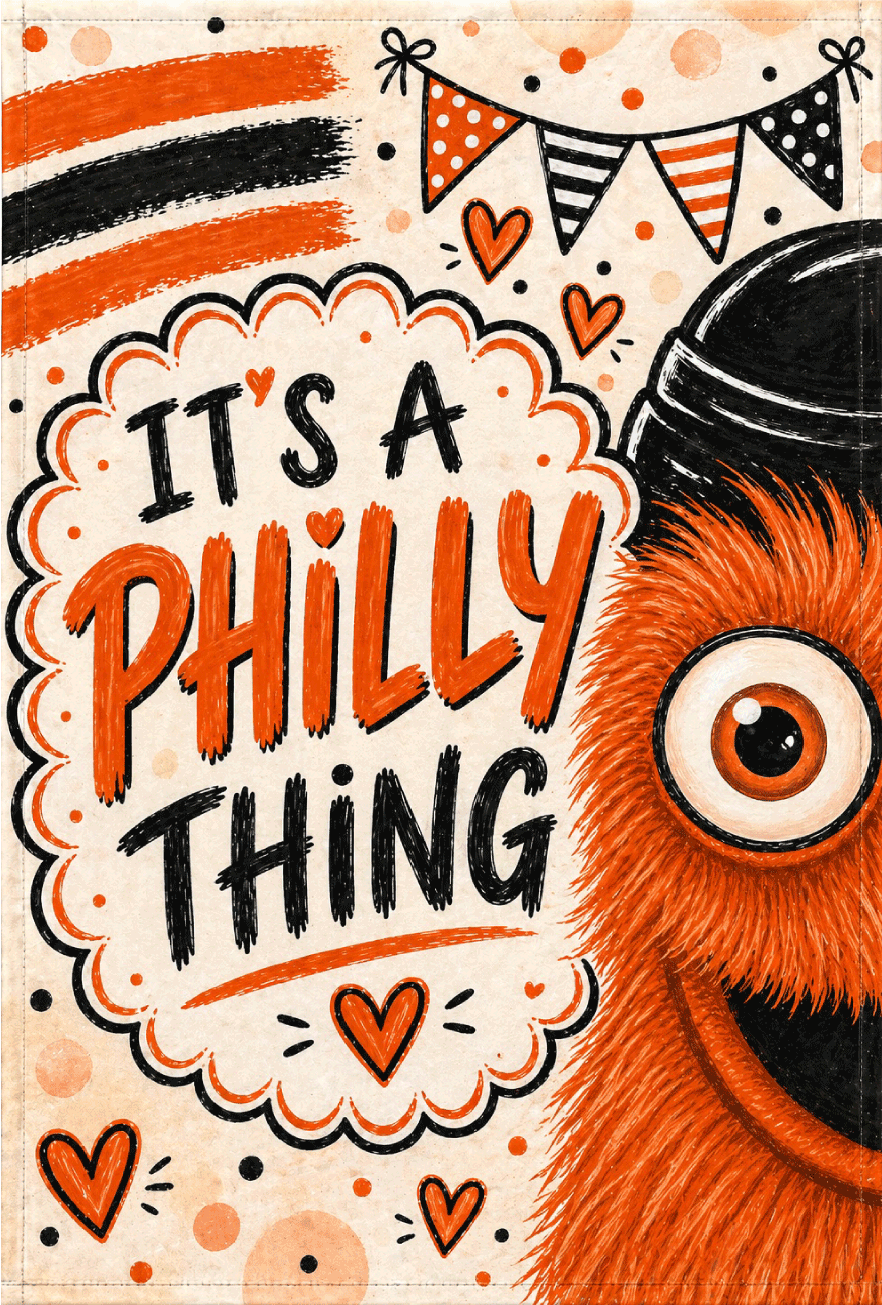 SPRINKLED WITH HEARTS ITS A PHILLY THING ORANGE BLACK