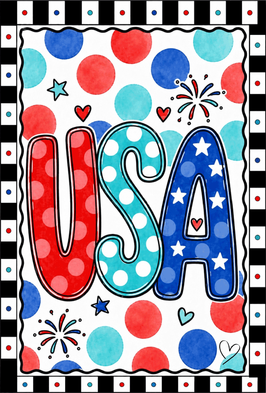 SPRINKLED WITH HEARTS USA RED BLUE CIRCLES