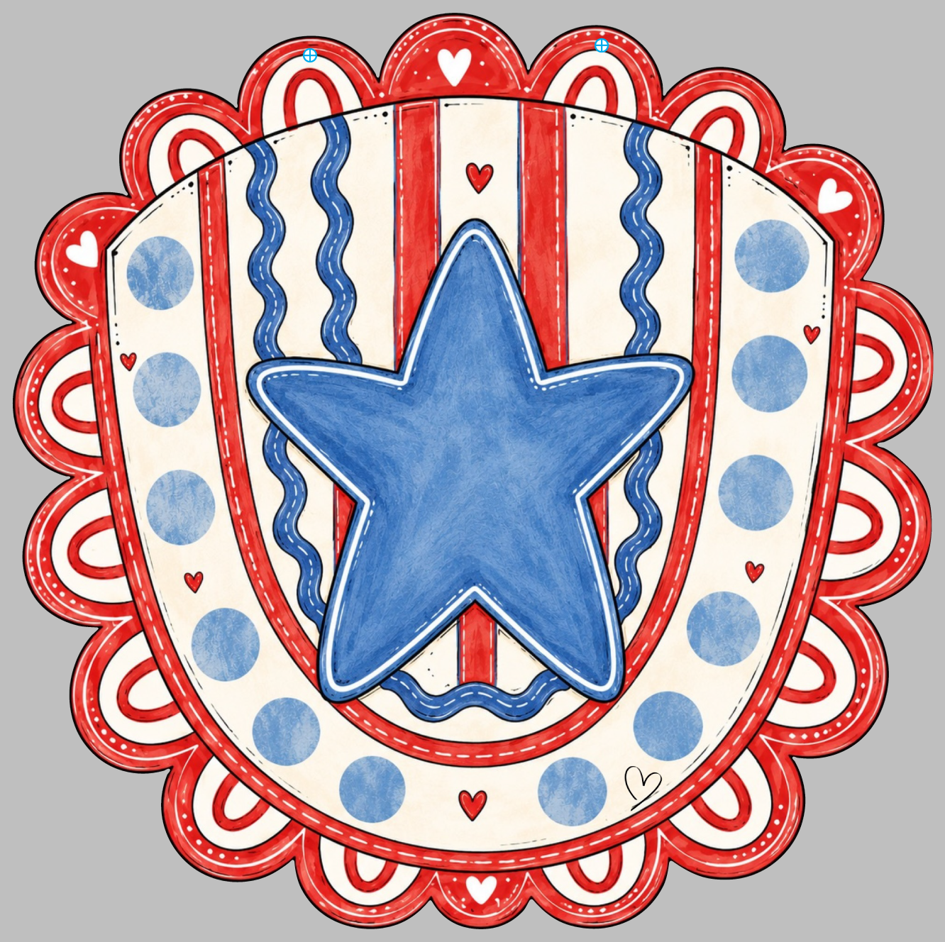 SPRINKLED WITH HEARTS BLUE STAR IN THE MIDDLE WITH RED AND WHITE