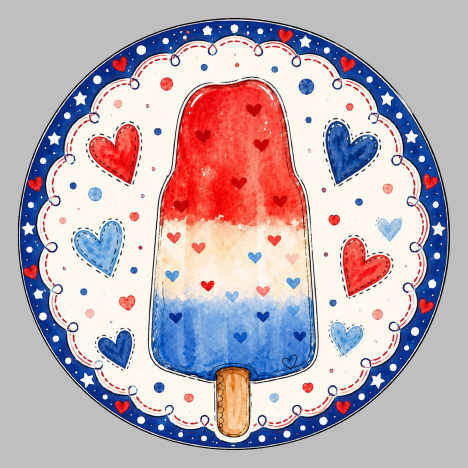 SPRINKLED WITH HEARTS RED WHITE AND BLUE POPSICLE WITH HEARTS