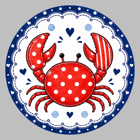 SPRINKLED WITH HEARTS RED CRAB WITH BLUE OUTLINE ON THE ROUND