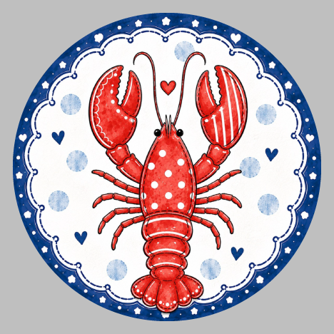 SPRINKLED WITH HEARTS RED LOBSTER WITH BLUE OUTLINE ON THE ROUND