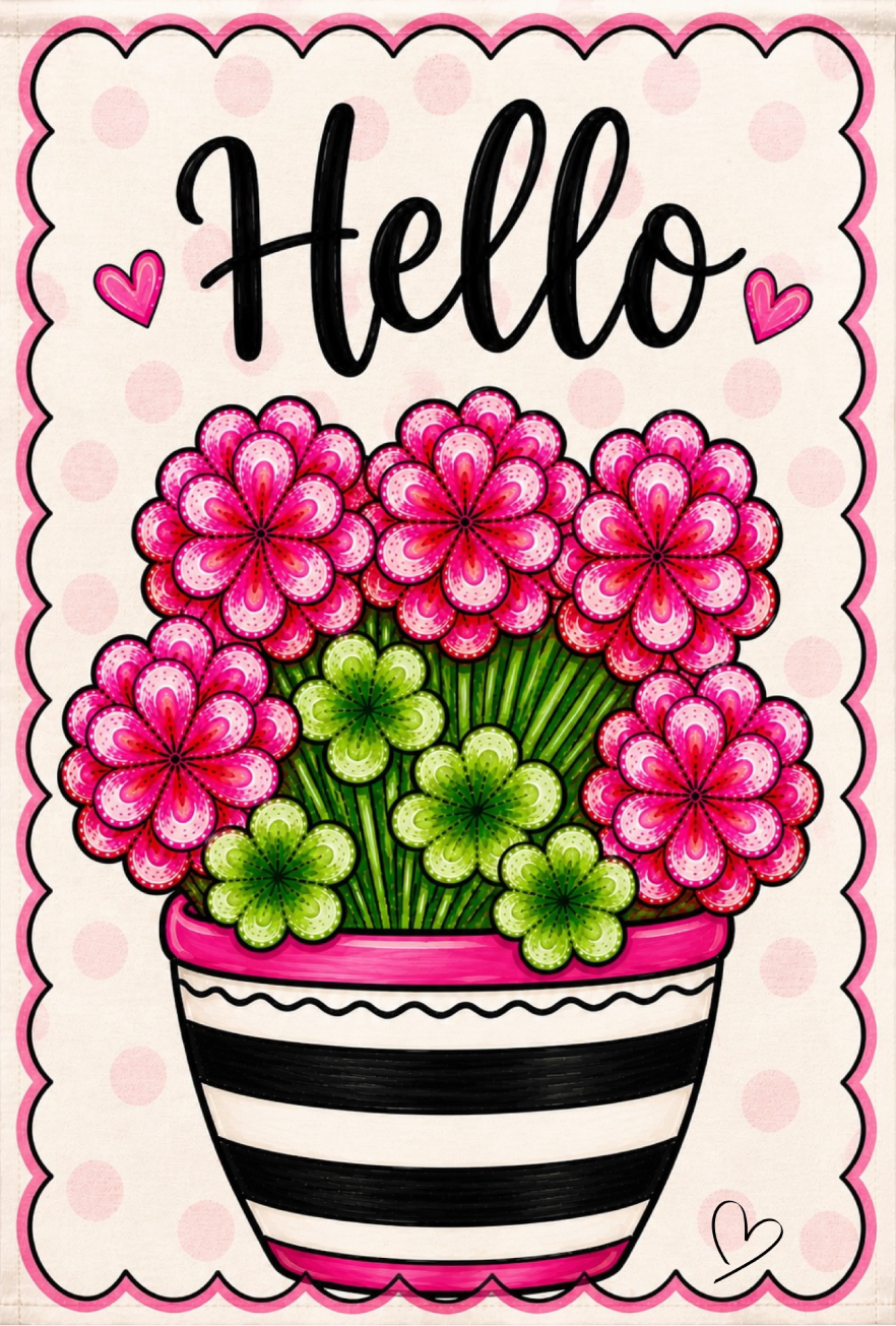 SPRINKLED WITH HEARTS PINK FLOWERS BLACK AND WHITE POT HELLO