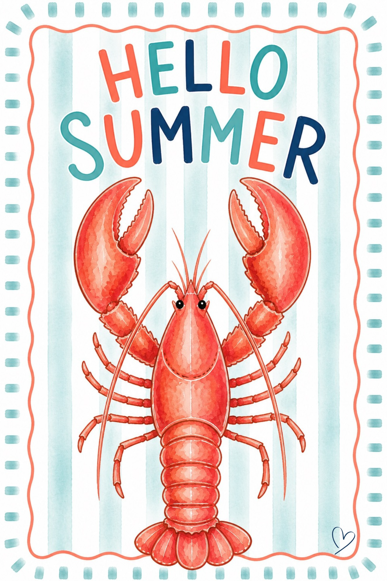 SPRINKLED WITH HEARTS LOBSTER  TEAL BLUE AND RED HELLO SUMMER