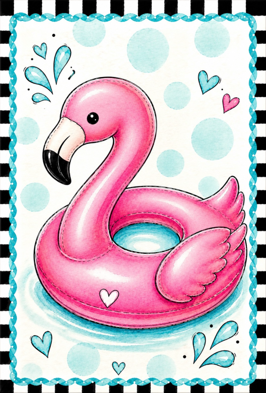 SPRINKLED WITH HEARTS PINK FLAMINGO FLOAT LIGHT BLUE BACKGROUND