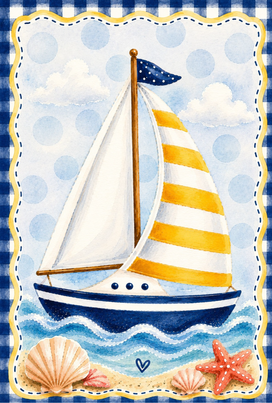 SPRINKLED WITH HEARTS SAIL BOAT WITH YELLOW AND WHITE SAIL