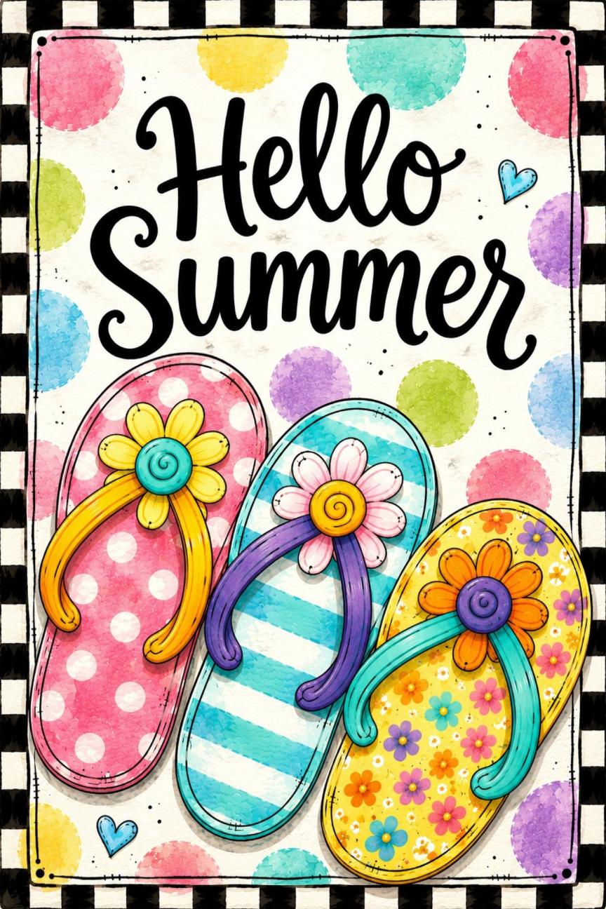 SPRINKLED WITH HEARTS COLORFUL FLIP FLOPS HELLO SUMMER