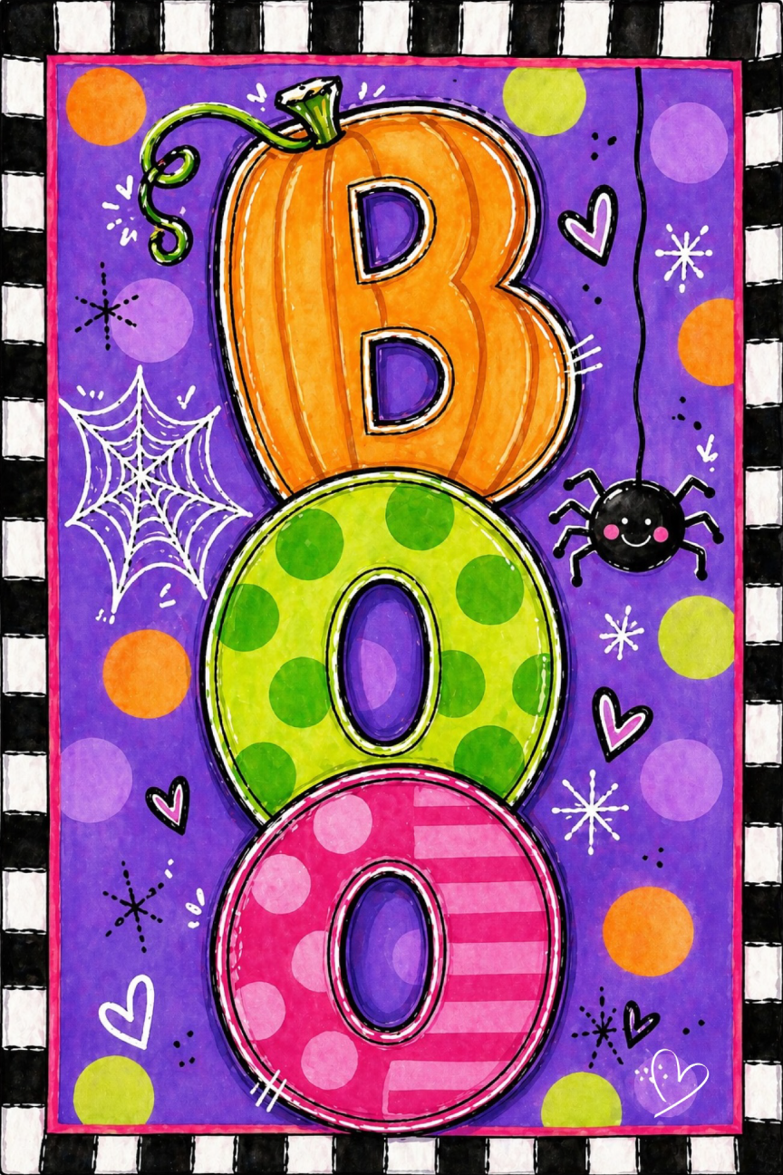 SPRINKLED WITH HEARTS PURPLE BLACK AND WHITE BACKGROUND BOO IN ORANGE GREEN AND PINK