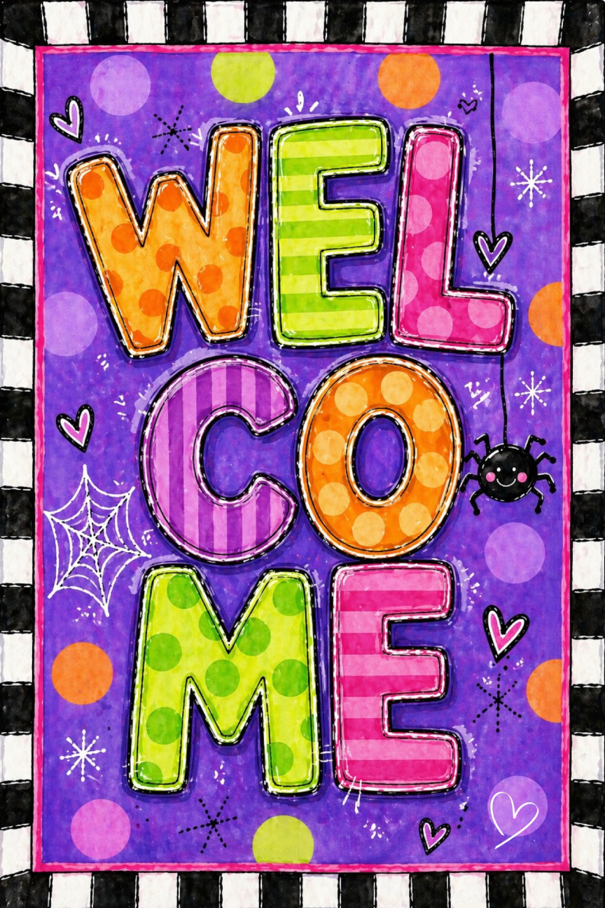 SPRINKLED WITH HEARTS PURPLE BLACK AND WHITE BACKGROUND WELCOME IN ORANGE GREEN PINK PURPLE