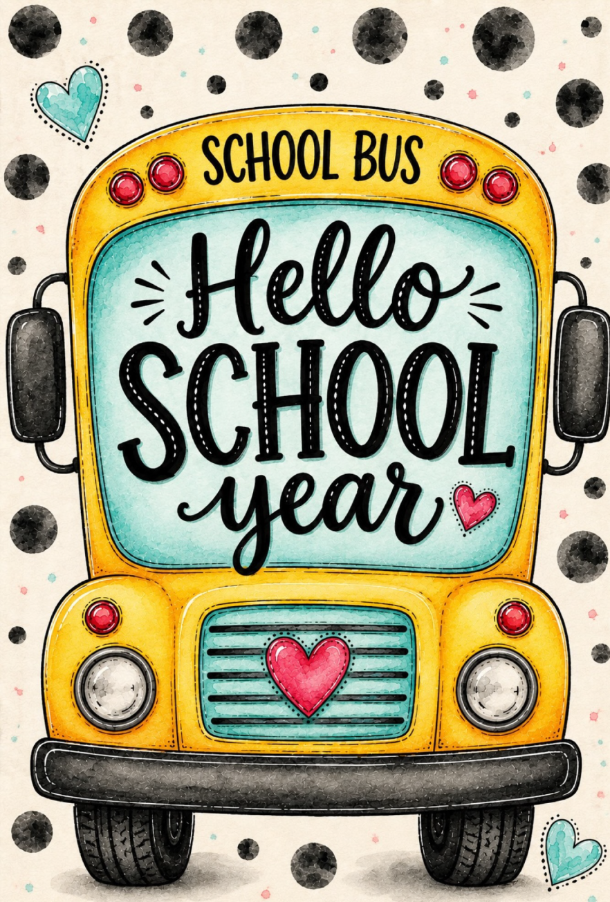 SPRINKLED WITH HEARTS YELLOW SCHOOL BUS HELLO SCHOOL YEAR