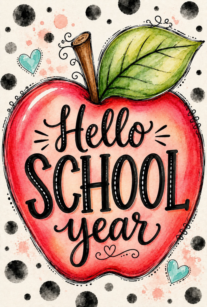 SPRINKLED WITH HEARTS RED APPLE HELLO SCHOOL YEAR