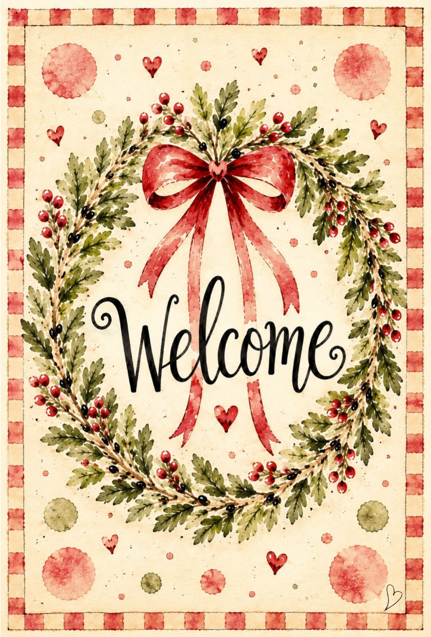 SPRINKLED WITH HEARTS FADED RED AND CREAM WITH GREEN WREATH RED BOW WELCOME