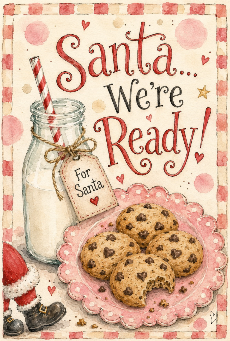 SPRINKLED WITH HEARTS FADED RED AND CREAM WITH MILK AND COOKIES SANTA WE'RE READY