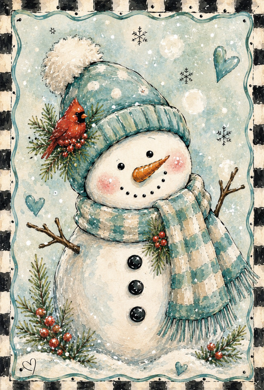 SPRINKLED WITH HEARTS SNOWMAN WITH FADED BLUE AND WHITE HAT AND SCARF RED CARDINAL