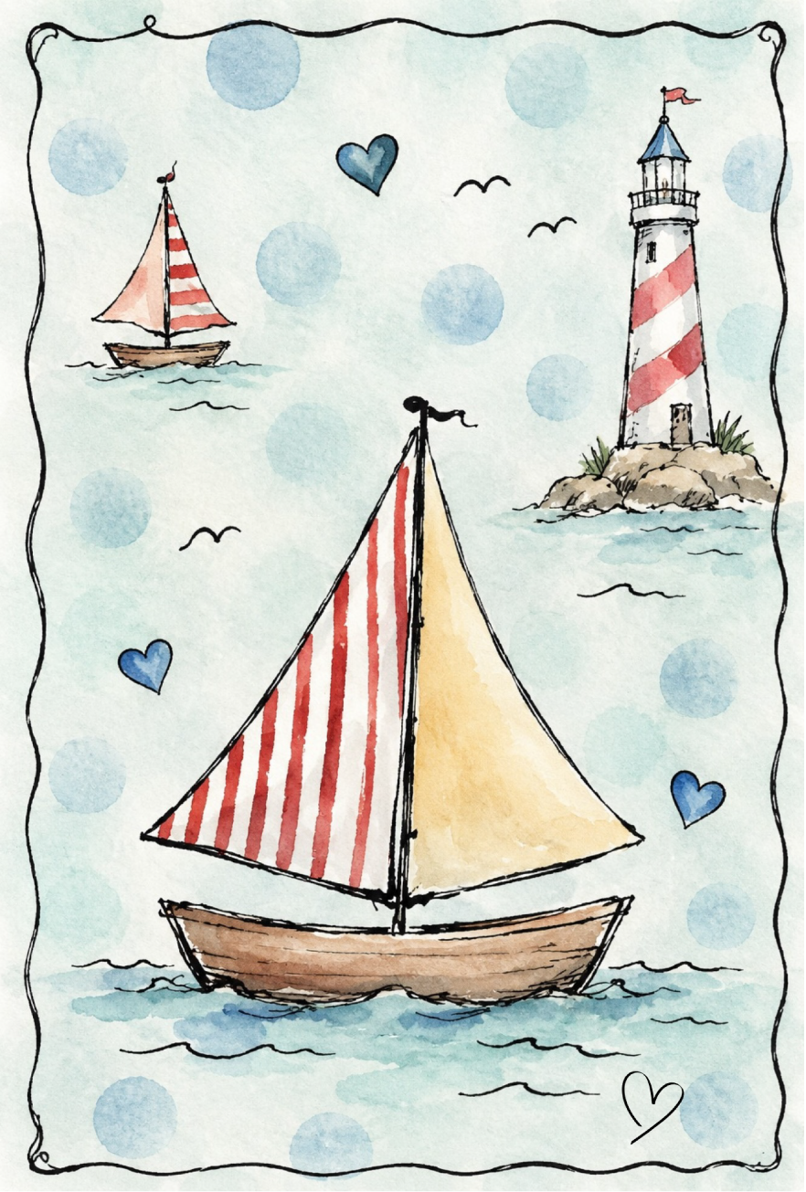 SPRINKLED WITH HEARTS SAIL BOAT AND LIGHT HOUSE WITH RED ADN WHITE STRIPE